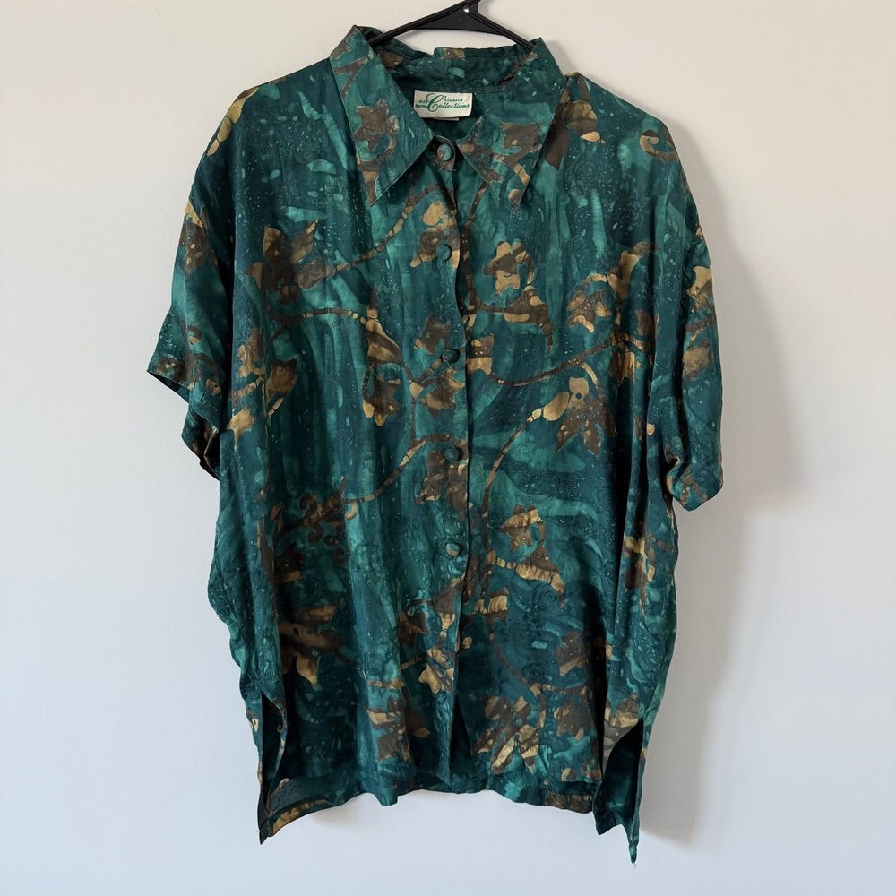 Hilo Hattie Island Collections Hand Made Green Batik Rayon Jacquard Shirt LG